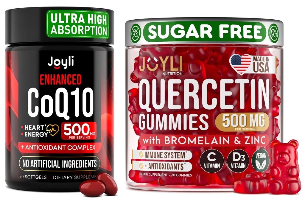 Quercetin עם Bromelain & CoQ10 500 מ"ג Bundle - 120 Coenzyme Q10 Softgels + 60 סוכר חינם Quercetin מ Gummies עם Zinc, ויטמין C & D3 - Immune, Heart & אנרגיה תמיכה - ארה"ב עשתה תוספי מזון