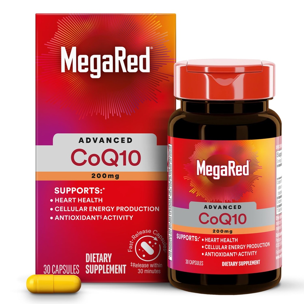 Mega Red Advanced CoQ10 Supplements- 200 מ"ג פרי המשרתת, אנטי-חמצן עוצמתי התומכים בייצור אנרגיה סלולרית והגנה מפני רדיקלים חופשיים *- 30 Coenzyme Q10 כמוסות, 30 משרתים
