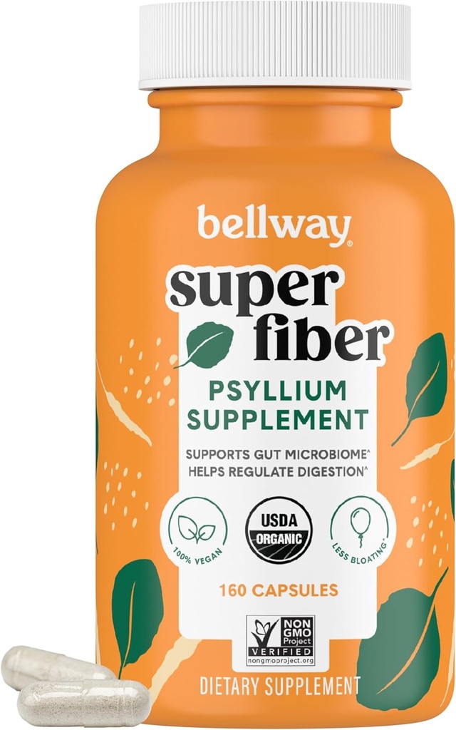Bellway Super סיבים קפסולות - USDA אורגני Psyllium Husk כמוסות - Daily Psyllium Husk סיבים תוספת לבריאות העיכול וסדירות - צמחי מבוסס, non-GMO, כשר - 160 קפסולות