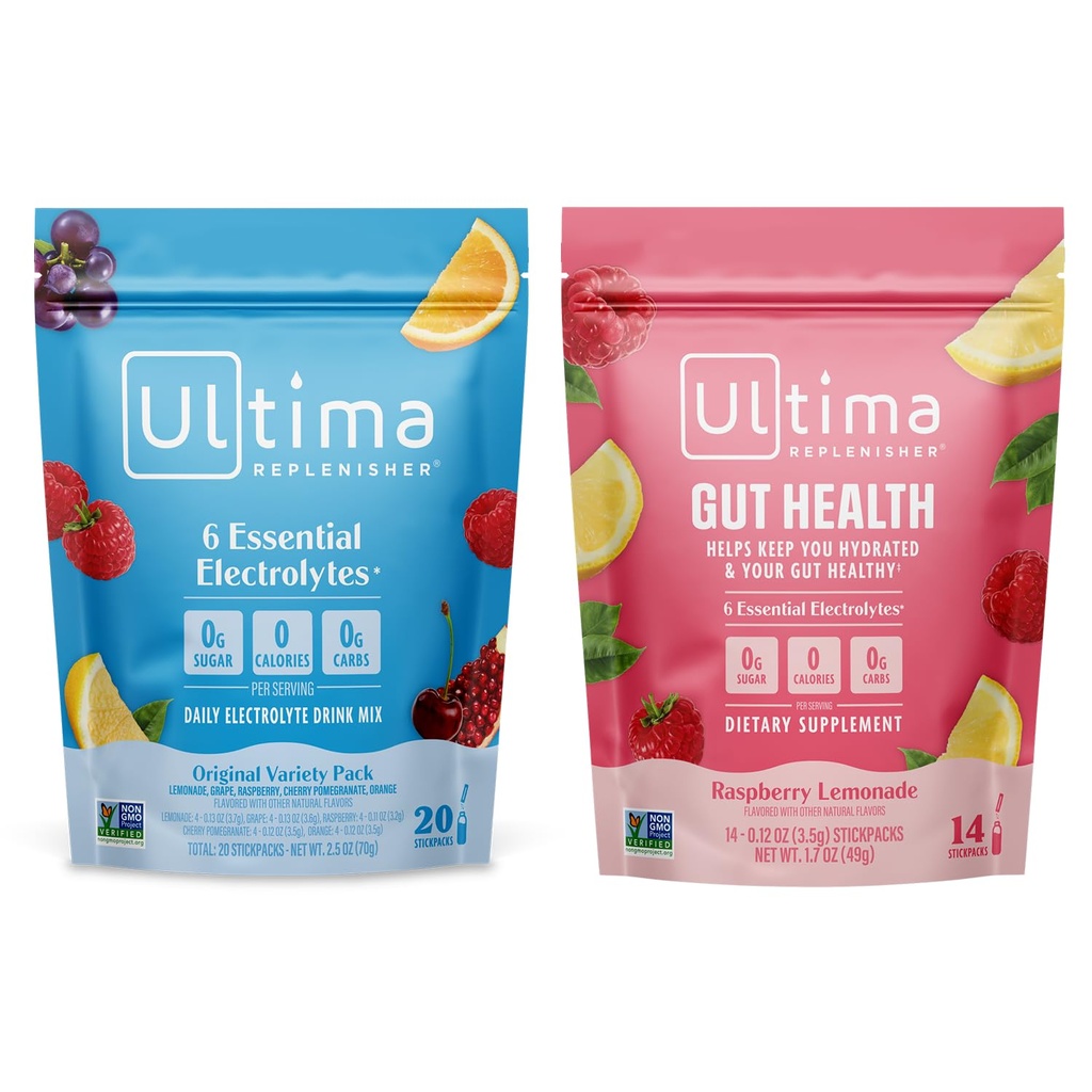Ultima Replenisher Electrolyte אבקת לשתות Mix Bundle - סוכר חינם - Variety, Gut Health - 20 Stickpacks, 14 Stickpacks - 6 אלקטרוליטים ומינרלים - Keto Friendly, טבעוני, non-GMO