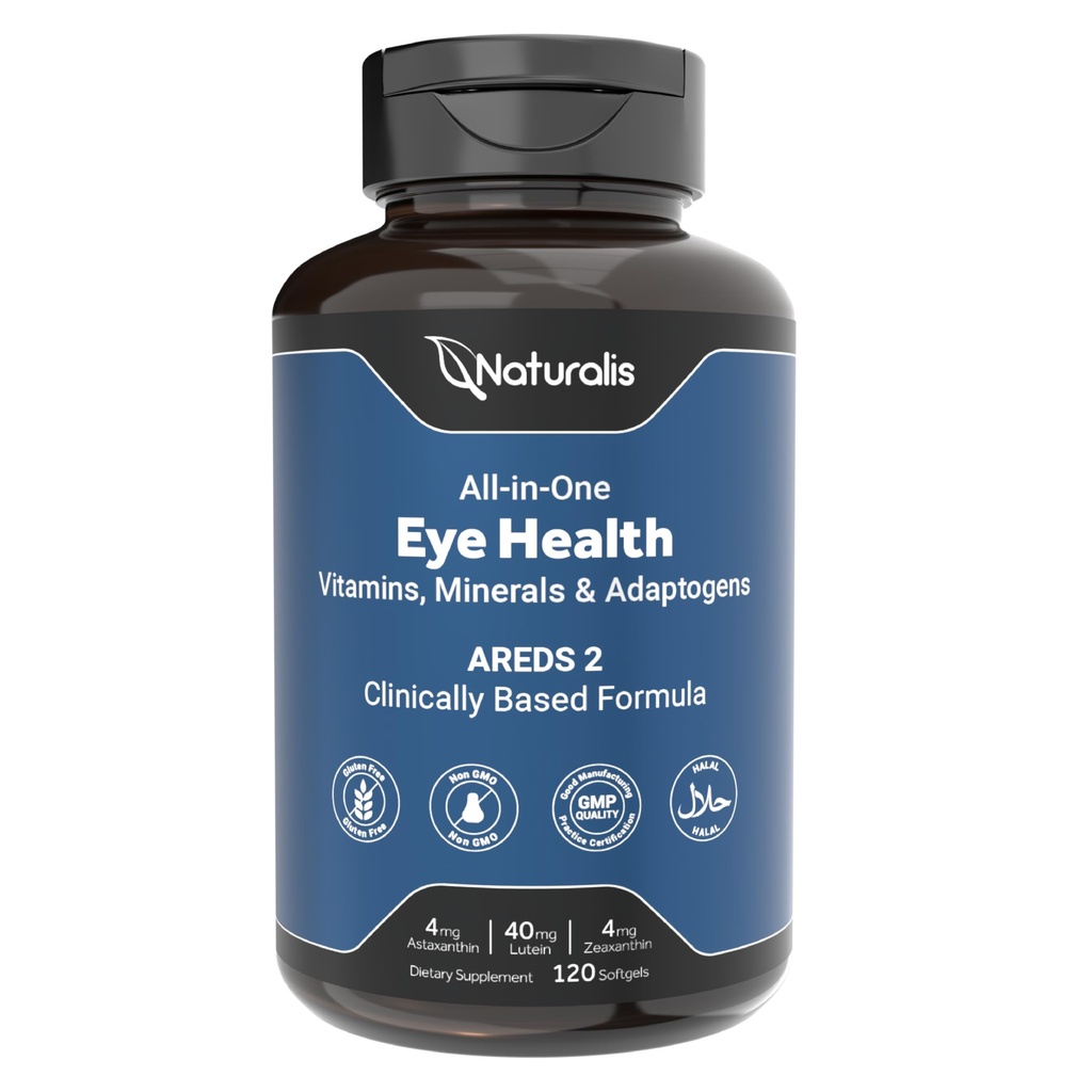 Naturalis Areds2 קלינית מבוסס עין תוסף | Lutein, Zeaxanthin, Astaxanthin, Bilberry, Blueberry, Cranberry & Grape Seed Fitogen Band | 120 Vision Essential Softgels