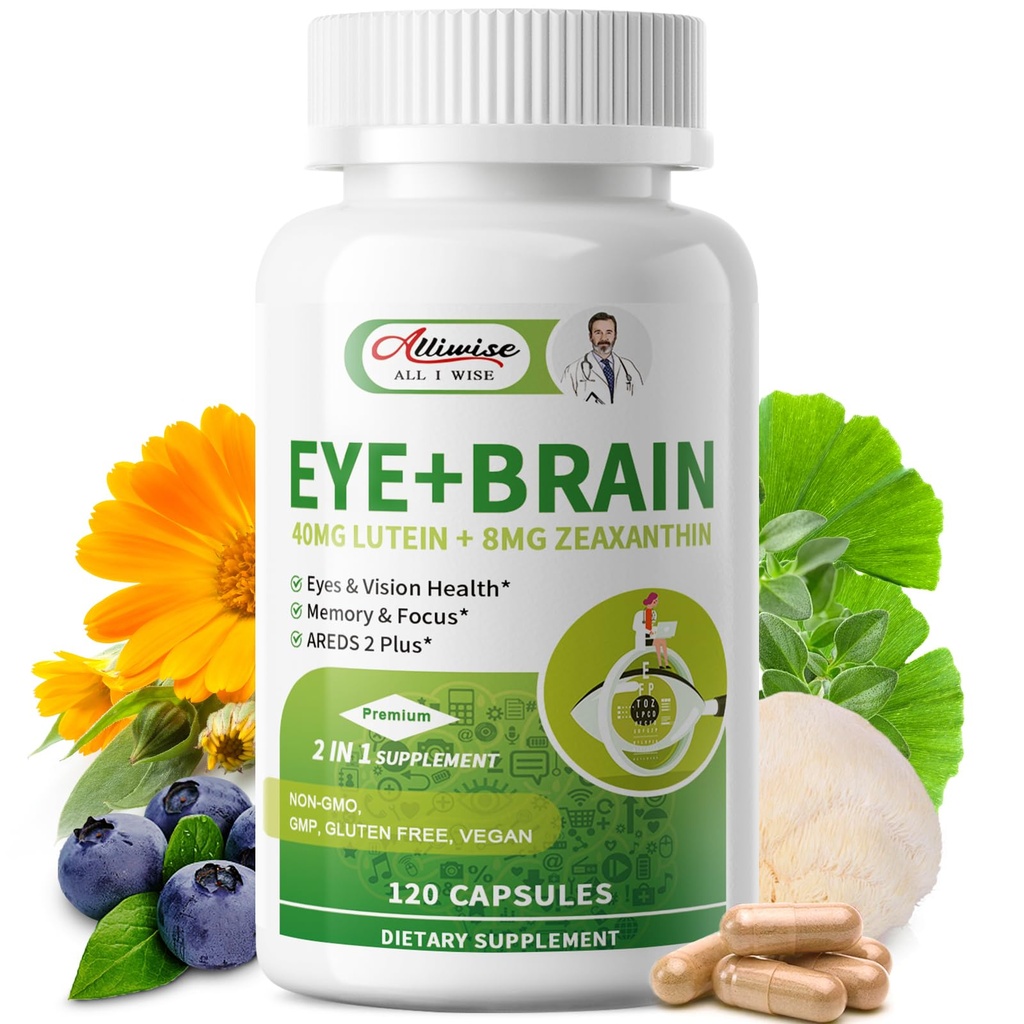 עין + המוח תוספי זיכרון להתמקד, Lutein 40 מ"ג, Zeaxanthin, Astaxanthin, Bilberry, אריה של אריה, Bacopa Monnieri, גינקו בילובה, 14 ב 1 ויטמין עבור מבוגרים ובוגרים 120 קפסולות 120 קפסולות.
