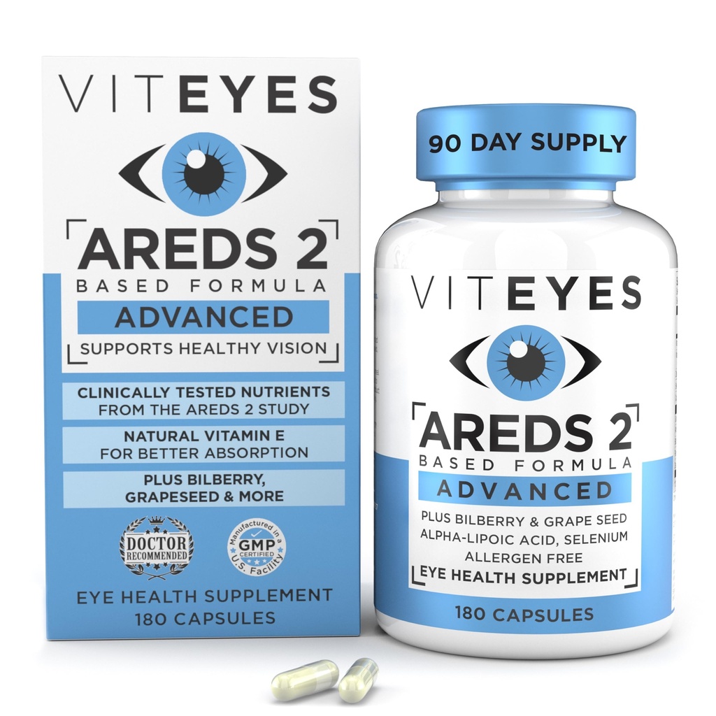 Viteyes הםDS 2 ויטמין עיניים מתקדם, תמיכה Macular עם Bilberry, ענבים, FLORAGLO Lutein, Selenium, Natural E, Allergen Free, Vision Protection, Eye Doctor Trusted, 180 הרוזן