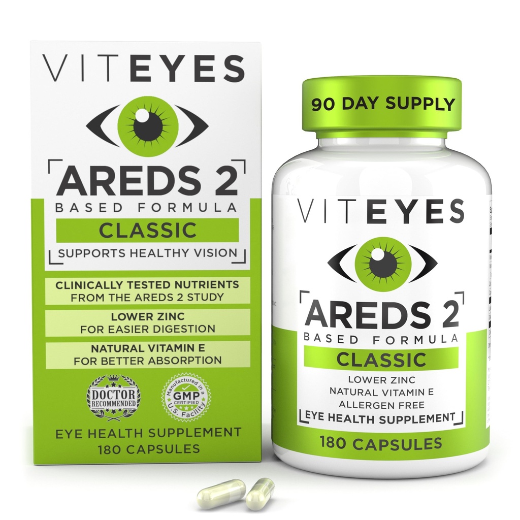 Viteyes הםDS 2 ויטמין עין, תמיכה Macular Macular, Allergen Free קפסולות, עם ויטמין E טבעי, ויטמין C, Zinc, Copper, Lutein & Zeaxanthin, Eye Doctor Trusted, Manufactured בארה"ב, 180 Ct, Zinc, Copper, Lutein & Zeaxanthin, Eye Doctor Trusted, Manufactured in the USA, 180 Ct
