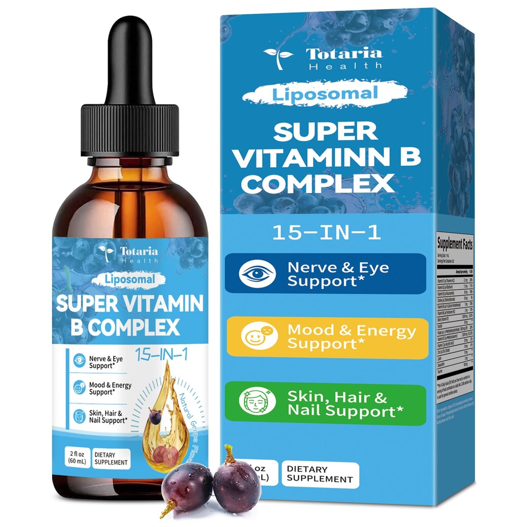 15in-1 Liposomal ויטמין B Complex Pro, B7 ללא סוכר טיפות עם B1, B2, B3 Niacinamide, Choline, B5, B6, B7 Biotin, Inositol, Folate, B12, Zinc, Lutein, Zaxanthin, Turine & Vit. C, 2 oz oz.