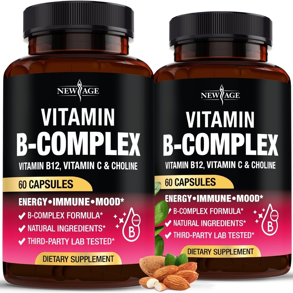 ויטמין B Complex for Men & Women - Made in USA - B-Complex: B1, B2, B3, B5, B7, B8, B9, B12 עם ויטמין C, Choline, Inositol - אנרגיה, Brain & Heart Support תוסף - 120 קפסולות טבעוניות