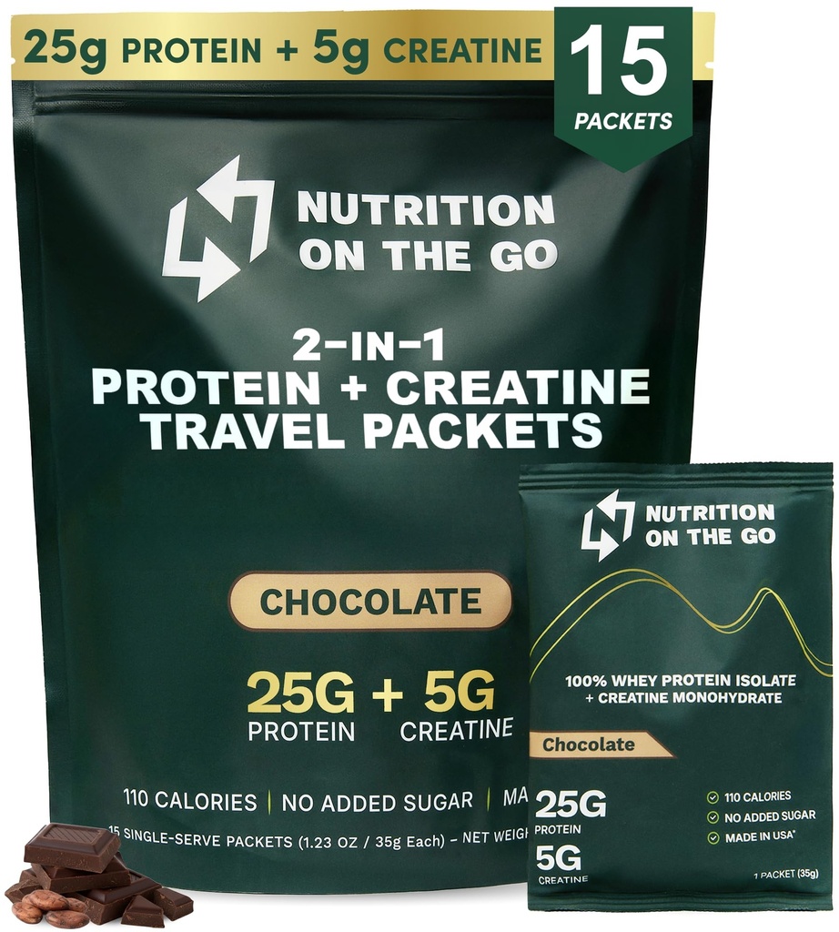 תזונה על Go Whey חלבון Isolate Packets עם Creatine - 25g חלבון + 5g Creatine - אבקת חלבון יחיד משרת יחיד - 5.9g BCAAs, Keto & Low-Carb, Gluten-Free - שוקולד (15-Pack)