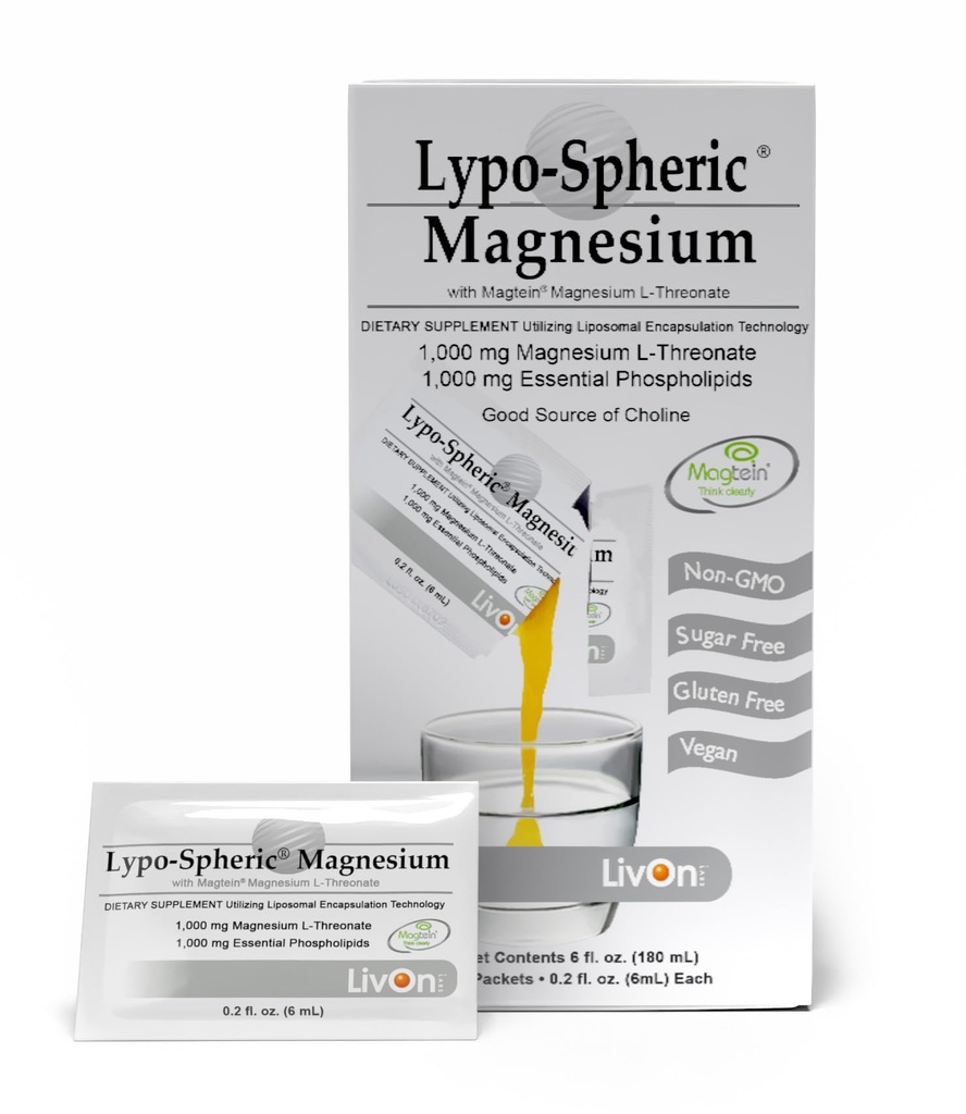 Liv On Laboratories Lypo-Spheric Magnesium L-Threonate - 30 Packets - 77mg Per Packet - Liposome Encapsulated עבור זמינות ביולוגית מקסימלית - פורמולה מקצועית 100% Non-GMO