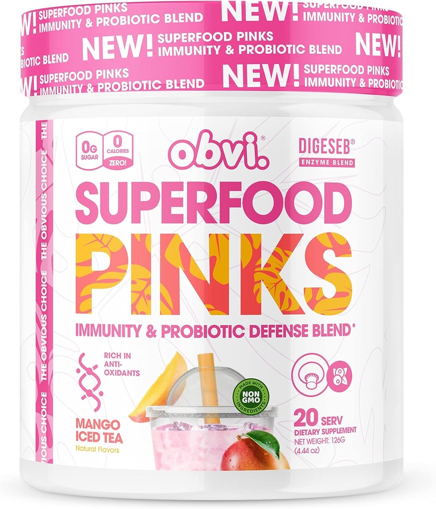 Obvi Superfood Pinks Probiotics | Rich in Antioxidants, Fitogens, Digestive Enzyme Band, Immune Support, Gut Health | Keto, Gluten-Free, No Sugar, 10 מיליארד CFU | מנגו תה, 20 משרתים
