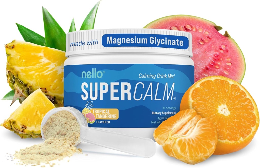 Nello Supercalm אבקת שתייה Mix, Tangerine טרופי, L Theanine, Ksm-66 Ashwgandha, Magnesium Glycinate, ויטמין D 3, תוספי מזון להרגעה ומקד, טבעי, No Sugar, non GMO, 30 Srvggggggggggg