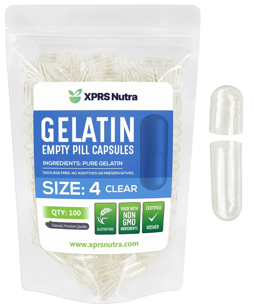 XPRS Nutra Size 4 קפסולות ריקות - 100 Count Small Clear Gelatin קפסולות - Pills DIY קפסולת מילוי - Fillable Pure Bovine Pill Gel Caps for Do-It-Yourselfs Supplements