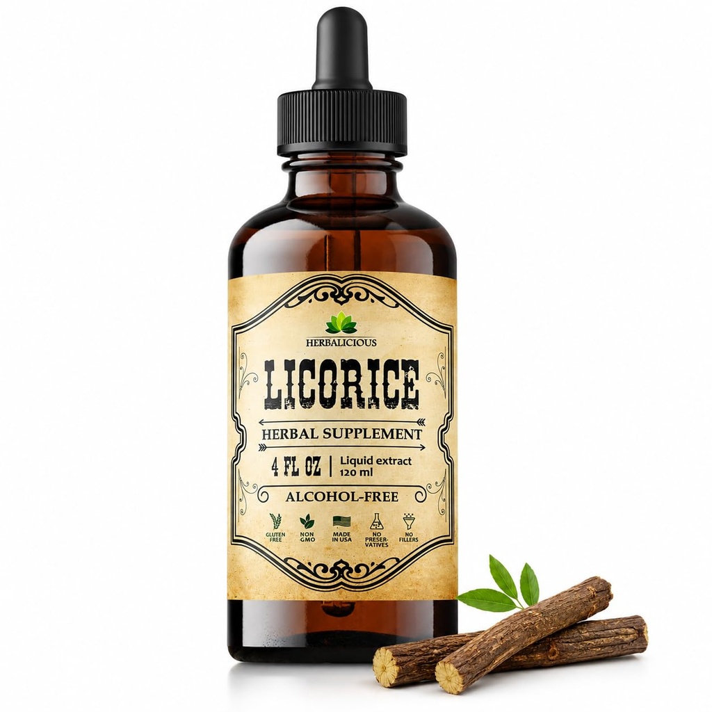HerBALICIOUS Licorice Root Extractbra (Glycyrrhiza glabra) - שואב צמחי נוזלי אורגני, 4 oz - טבעוני, non-GMO, Gluten-Free