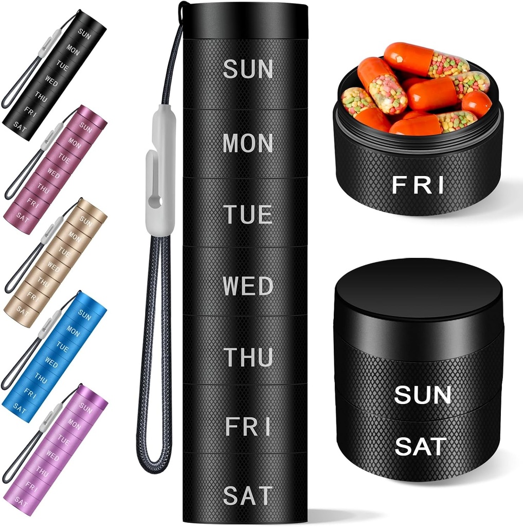 Aluminium Travel Pill מארגנת, Weekly Metal Pill Case,Pill Holder, Moisture Proof Water Proof® Daily Pill Box 7 Day, Large Pill Container to Hold ויטמינים,Medication,Supplements 【 Black Knurling】