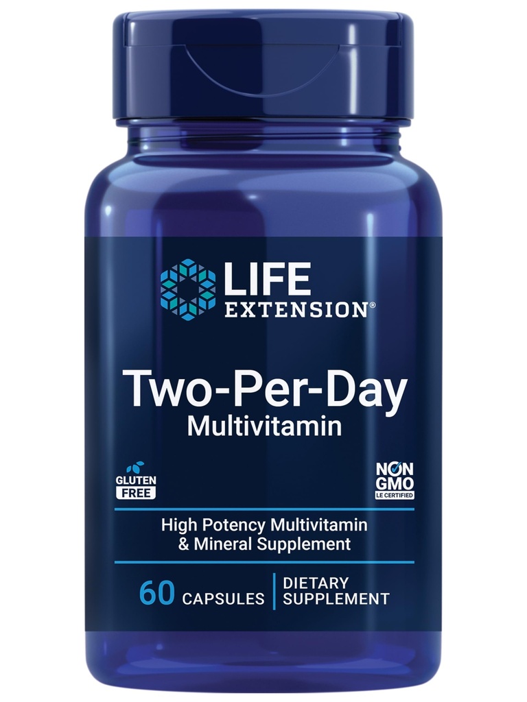 Life Extension Two-Per-Day Multivitamin - for Heart, Brain, Blood Vessel & cell Health - ויטמינים ומינרלים חיוניים ל- Well-Being - Two Per - Gluten-Free - Non-GMO - 60 קפסולות