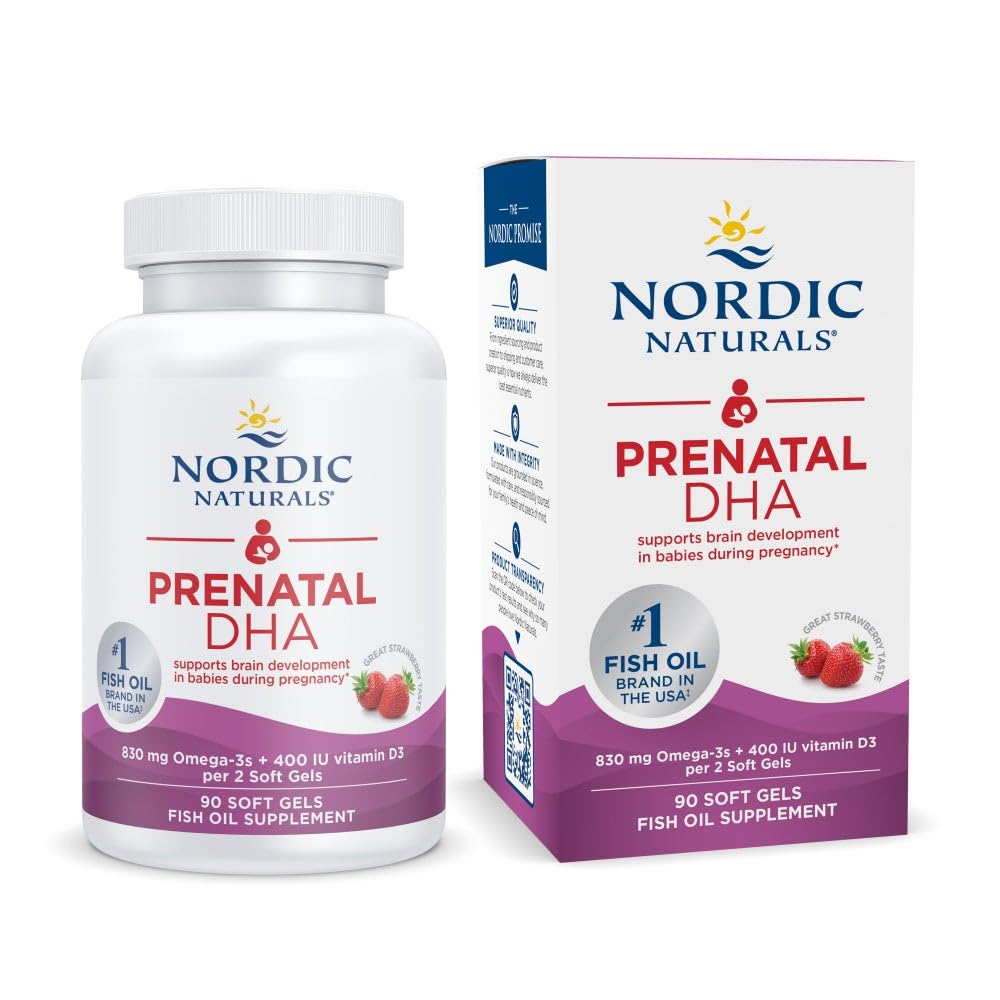 Nordic Naturals Prenatal DHA, Strawberry - 90 Soft Gels - 830 מ"ג אומגה 3 + 400 IU ויטמין D3 - Non-GMO - 45 משרתים