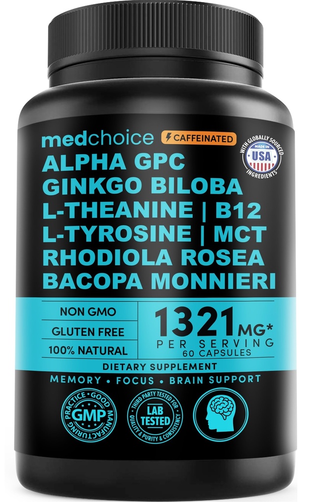 12-in-1 Nootropic Brain Supplement with Caffeine Anhydrous: Ginkgo Biloba for Brain Support, Memory and Focus - B12, Alpha GPC, L Theanine and Choline Supplements with Bioperine with 1321mg (60ct)