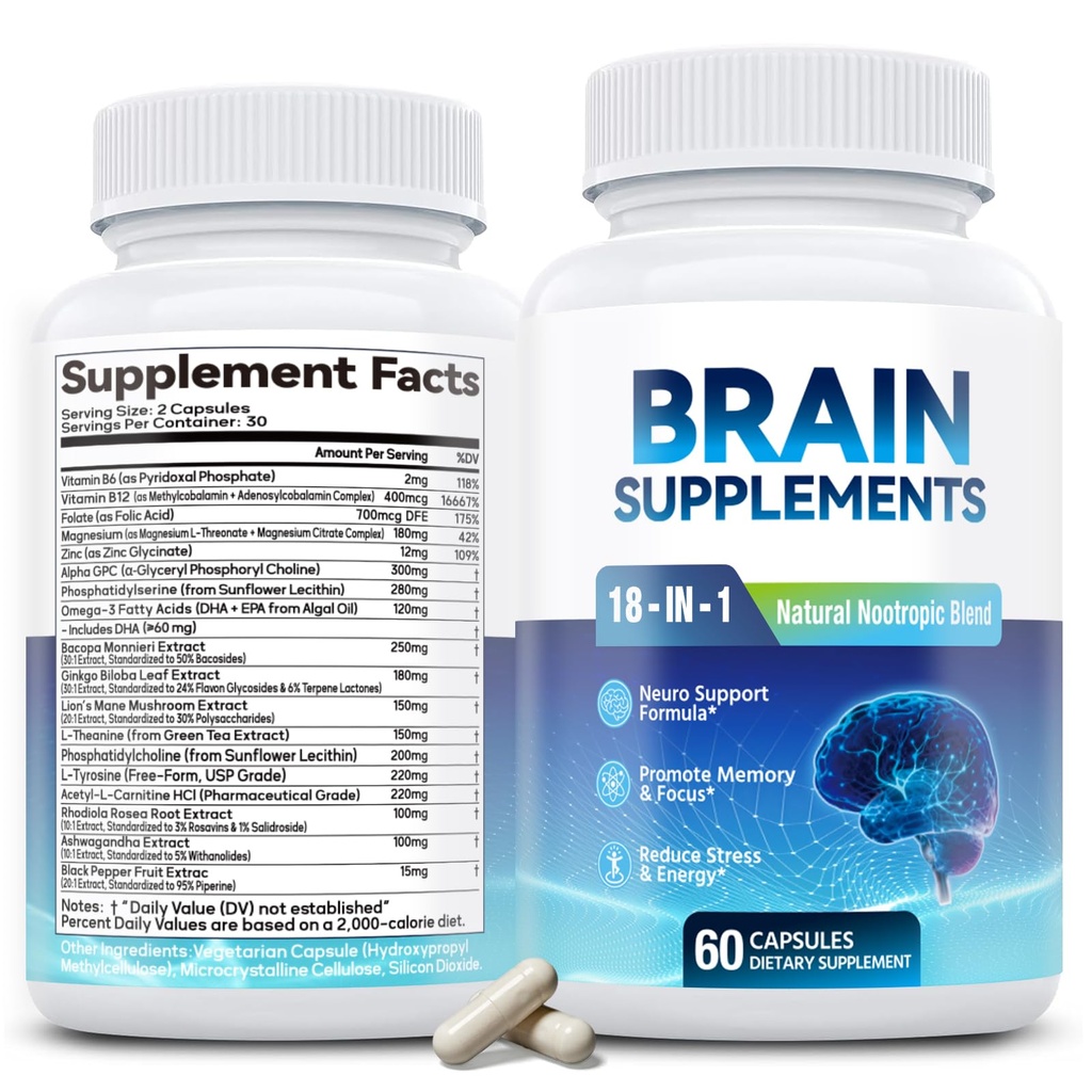 18-in-1 Brain Supplement for Memory and Focus - Nootropic קפסולות עם Alpha GPC, Bacopa, גינקו בילובה, Lion's Mane, ויטמין B6 & B12 | בריאות קוגניטיבית, בהירות נפשית