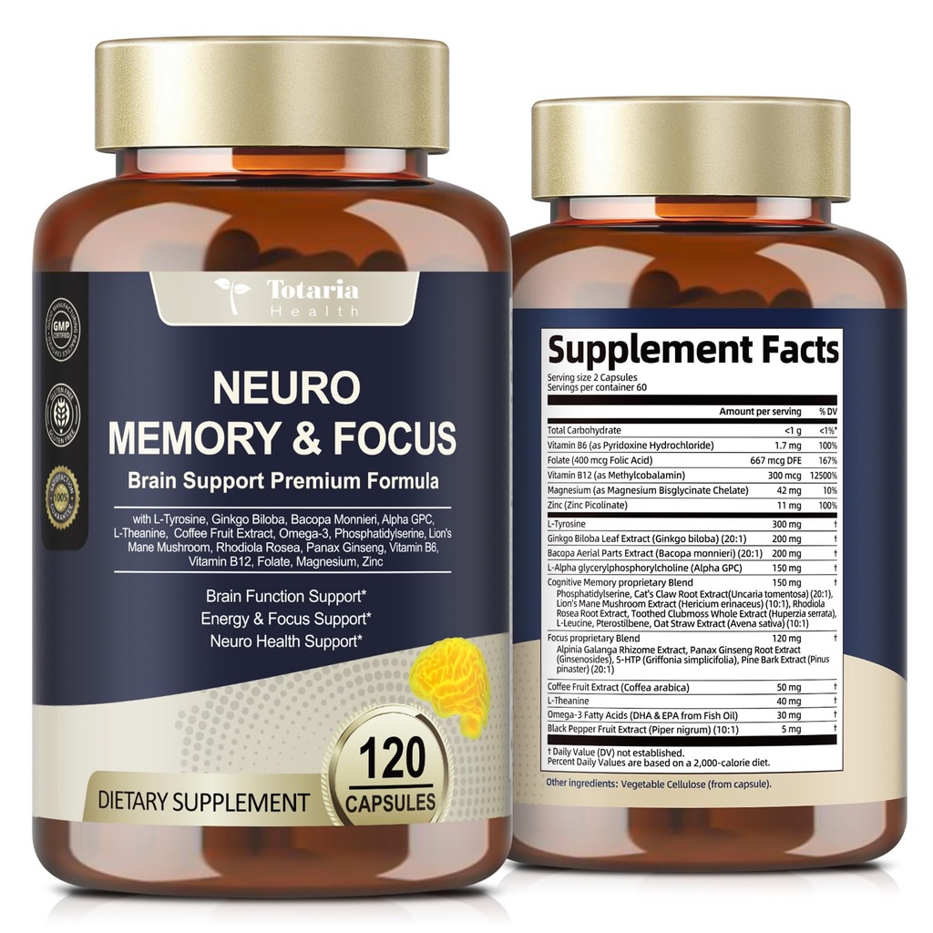 Totaria Brain Supplements for Memory and Focus, Brain Health with L-Tyrosine, Alpha GPC, גינקו בילובה, Bacopa Monnieri, Nootropic Support - Non-GMO, Gluten Free (120 Counts)