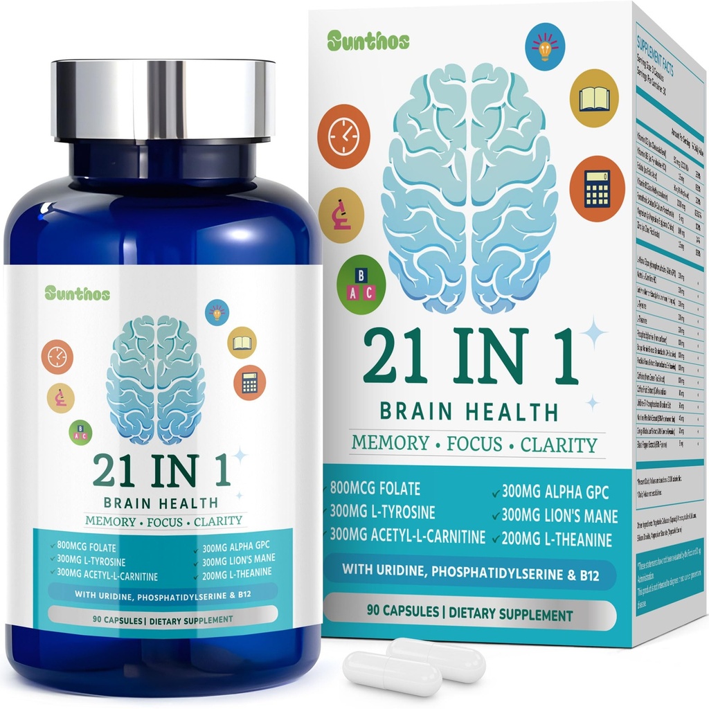 תוספי המוח עבור Memory and Focus, 21-in-1 Brain Supplement for Mental Alertness, קוגניטיבי עם 300 מ"ג אלפא-GPC, 300 מ"ג אריה מ"ג, L-theanine, Phosphatidylserine, ויטמינים B6 B12, 90 קפסולות