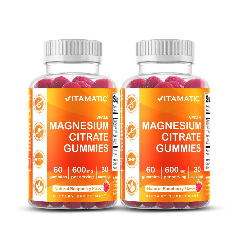 Vitamatic Magnesium Citrate Gummies 600 מ"ג לשרת - 60 הרוזן - מקדם רגיעה בריאה, שריר, עצם, ותמיכה באנרגיה (Pack of 2)