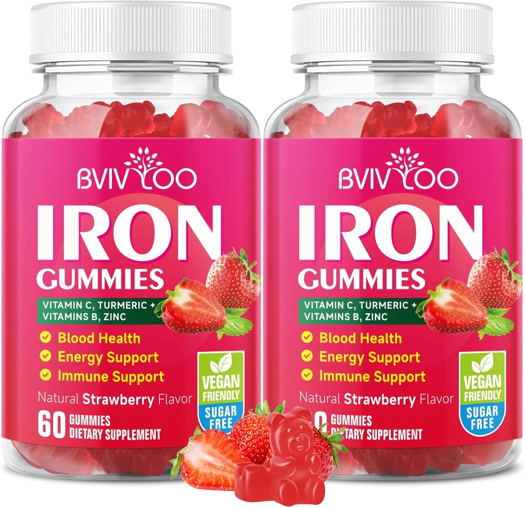 2 Pack טבעוני ברזל חניכיים למבוגרים וילדים - עם ויטמין C, A, B-Complex, Folate, Zinc, ו- Biotin - for Blood Building & Energy Support, 120 חניכיים