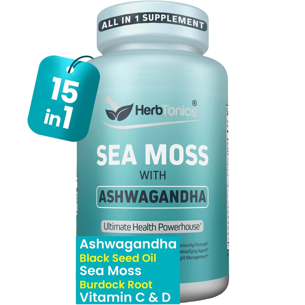 Herbtonics Sea Moss, Black Seed Oil, Ashwagandha, Burdock Root & ACV Complex | Boost Immunity, Stress, Supportion | All-in-One SeaMos כמוסות