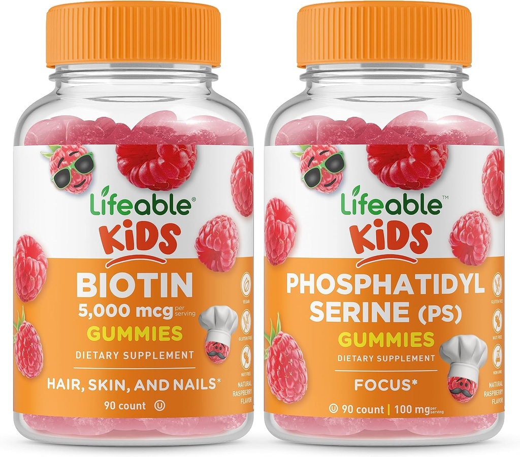 ילדים ביוטין חיים + Phosphatidylserine (PS) ילדים, חניכיים Bundle - גדול Tasting, ויטמין תוסף, Gluten חינם, GMO חינם, Chewable Gummymymy