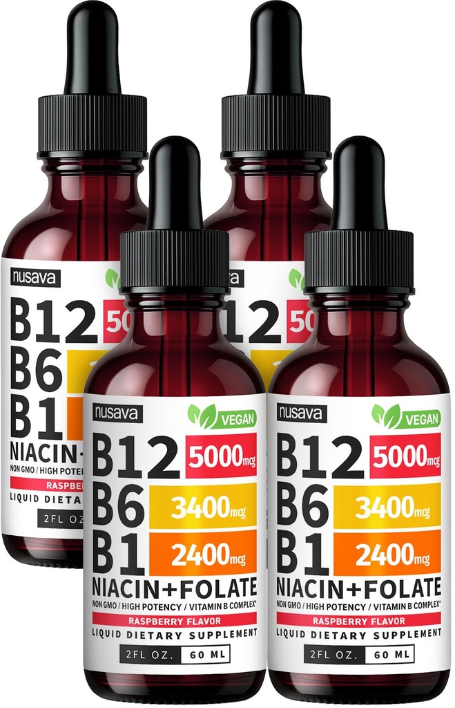 (חבילה) ויטמין B12 ו- B6 טיפות נוזליות, B12 Sublingual ויטמין B Complex - B 12 ויטמין 5000mcg - B12 Methylcobalamin for Energy, Brain, and Heart Support with 27,200 mcg, Raspberry, 80 משרתים