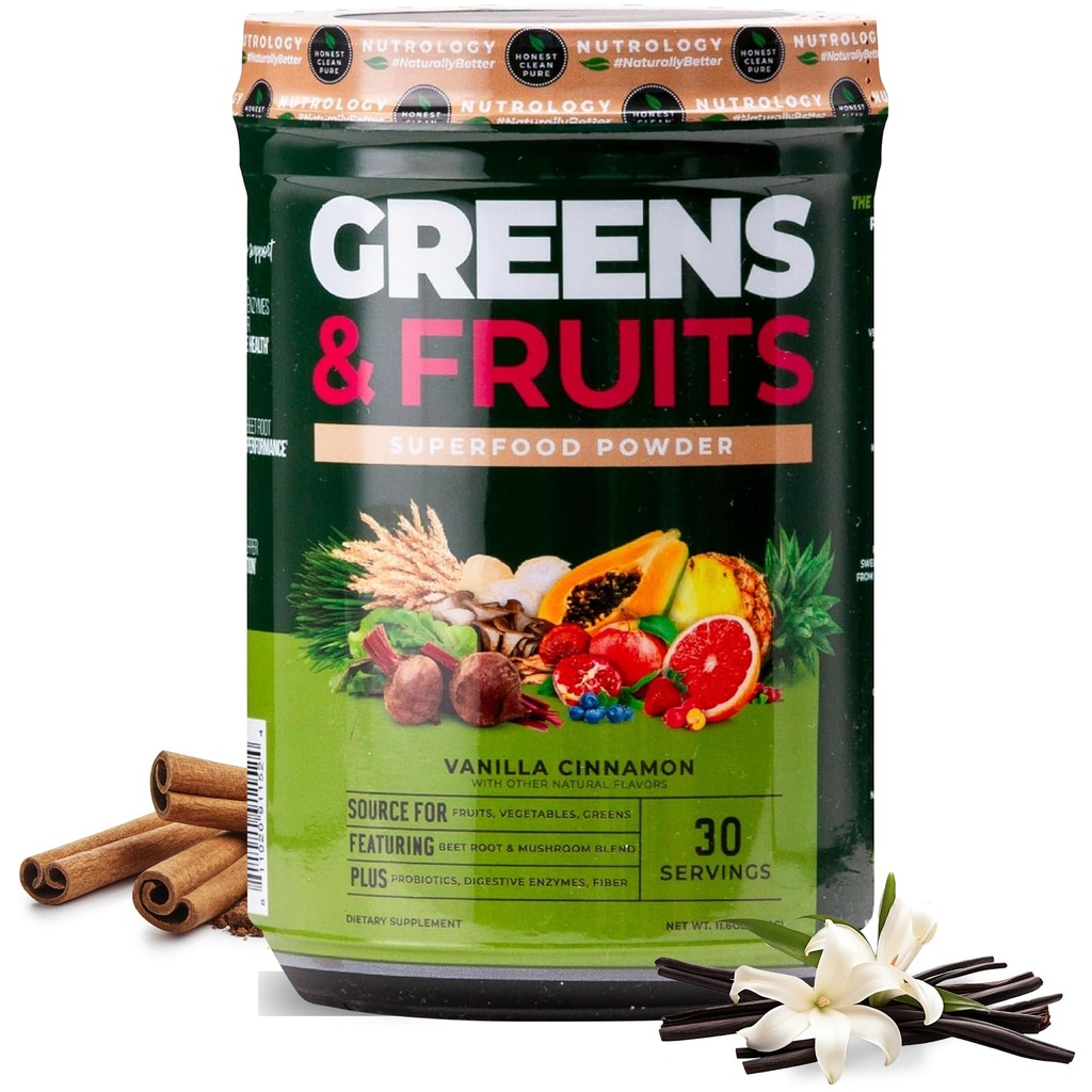 Nutrology Greens & פירות אבקה-Naturly Sourceed Superfood, אבקת Beet, Mushroom בלנדר, Probiotics, Enzymes, סיבים, אנטי-חמצן, תמיכה במזל, Gluten Free - Vanilla Cinnamonmon