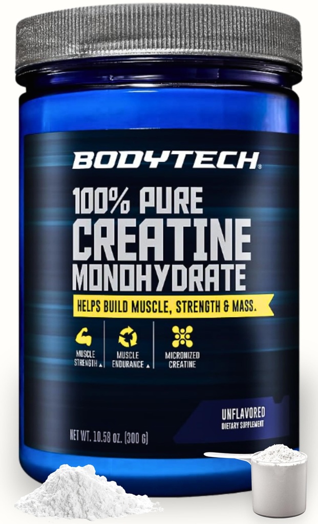 BodyTech Creatine Monohydrate אבקה, Unflavored Micronized Creatine פורמולה עבור גברים ונשים, 5g לכל המשרת, Pre Workout & Post Workout תוסף, Gluten Free, Sugar Free, 10.58 Oz, 60 משרתות