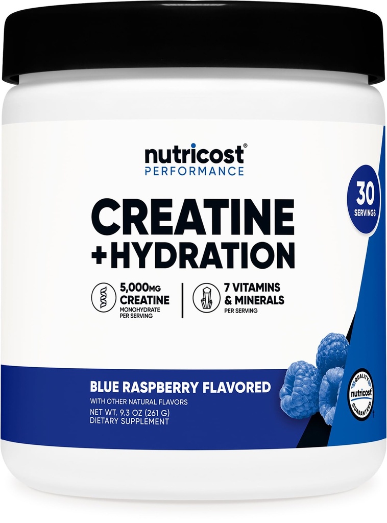 Nutricost Creatine Monohydrate + hydrotion Blue Raspberry Flavored (30 משרתים) - 7 ויטמינים ומינרלים, 5000 מ"ג של Creatine Per המשרתת
