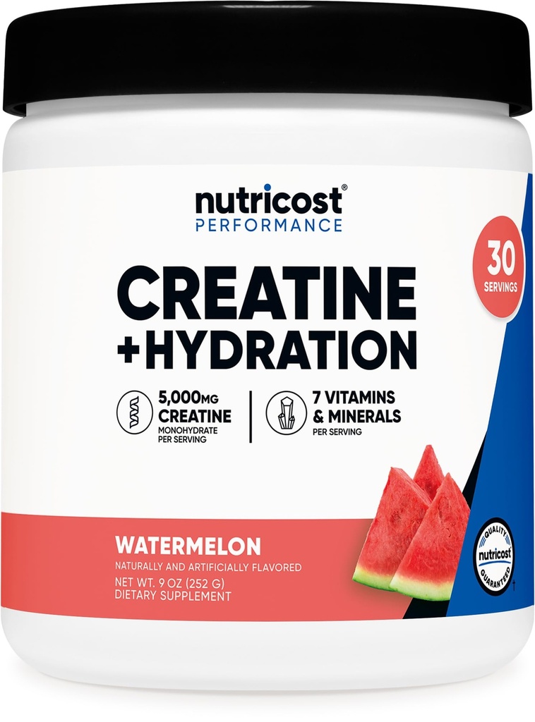 Nutricost Creatine Monohydrate + hydrotion Watermelon Flavored (30 משרתים) - 7 ויטמינים ומינרלים, 5000 מ"ג של Creatine Per המשרתת