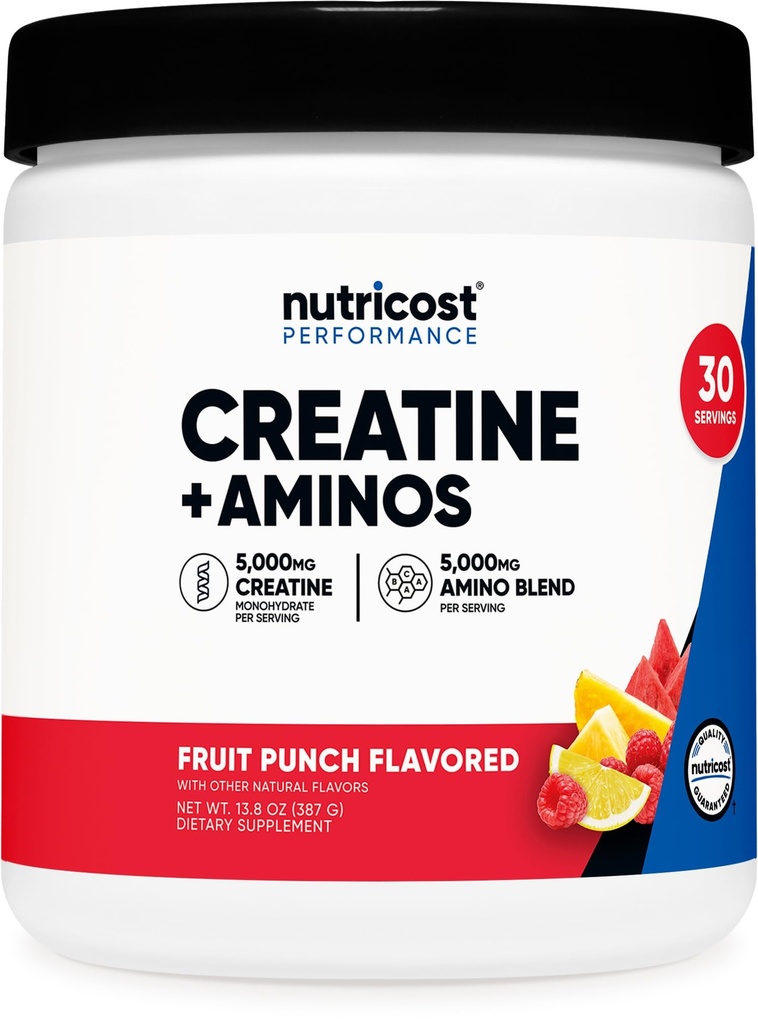 מזונות זולים Creatine + Aminos 30 משרתים (Fruit Punch Flavored) - 5,000 מ"ג Creatine Monohydrate + 5000mg Amino BCAA בלנדר Per לשרת