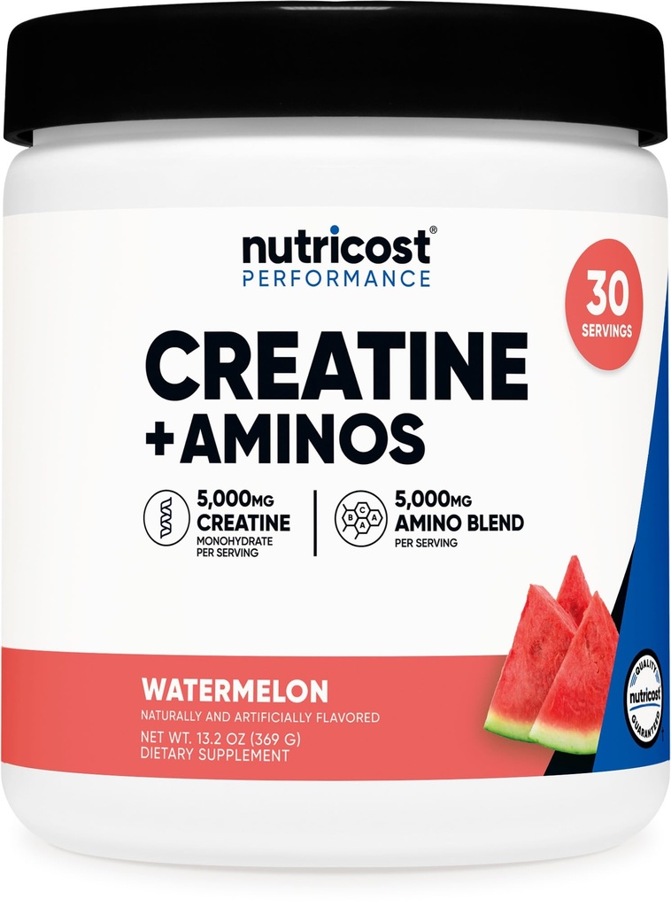 מזונות זולים Creatine + Aminos 30 משרתים (watermelon Flavored) - 5,000 מ"ג Creatine Monohydrate + 5000 מ"ג Amino BCAA בלנדר Per לשרת