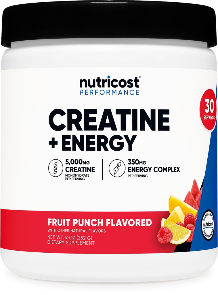 מזון זול זול קריטין + אנרגיה 30 לשרתים (Fruit Punch Flavored) - 5,000 מ"ג Creatine Monohydrate + 350 מ"ג אנרגיה קומפלקס לשרת
