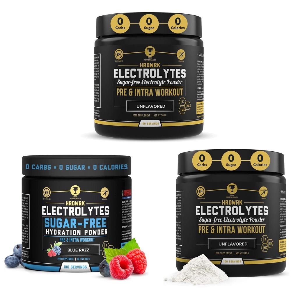 HRDWRK - 100 משרתי Keto Electrolytes אבקת hydrotion סוכר חינם - אבקת אלקטרוליטה כדי לשפר את אנדורנס ולהפחית שומן עם תוסף אלקטרוליטים (ההגדרה הלא משועבדת של 2 & Blue Razz)