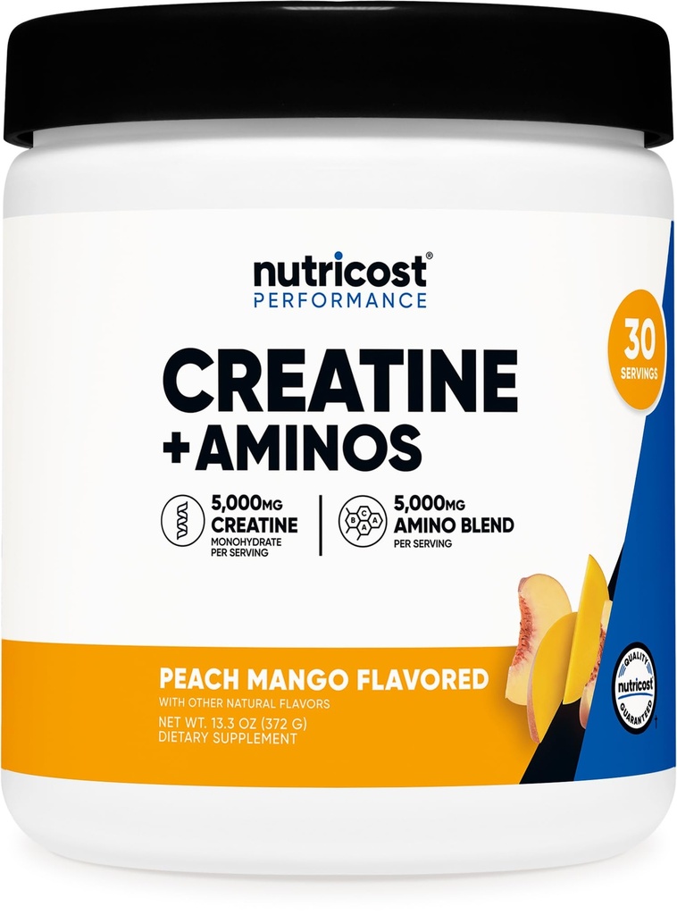מזונות זולים Creatine + Aminos 30 המשרתים (Peach מנגו פלמורד) - 5,000 מ"ג Creatine Monohydrate + 5000mg Amino BCAA בלנדר Per לשרת