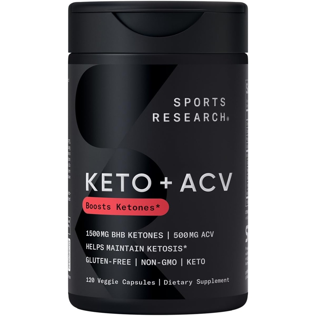 מחקר ספורט ® Keto Plus ACV כמוסות - תמיכה תזונתית עם 500 מ"ג של Apple Cider Vinegar & 1500 מ"ג GoBHB® Exogenous Ketones - Gluten Free & Keto Certified - 120 Veggie קפסולות