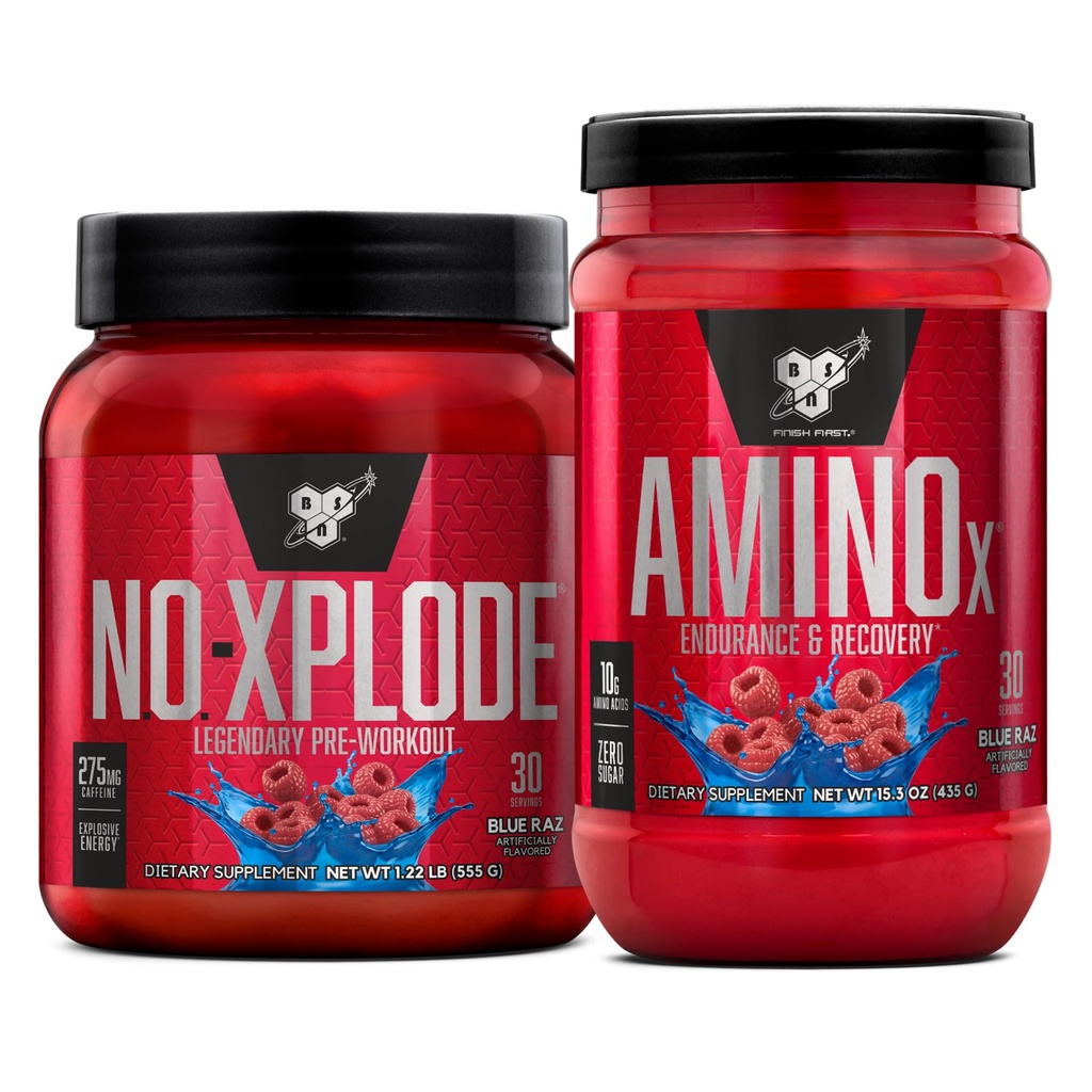 BSN Workout Bundle של NO XPLODE טרום עבודה אבקה כחול רז, 30 משרתי AMINO X שריר התאוששות Intra Workout תמיכה, Caffeine חינם Blue רז, 30 משרתים
