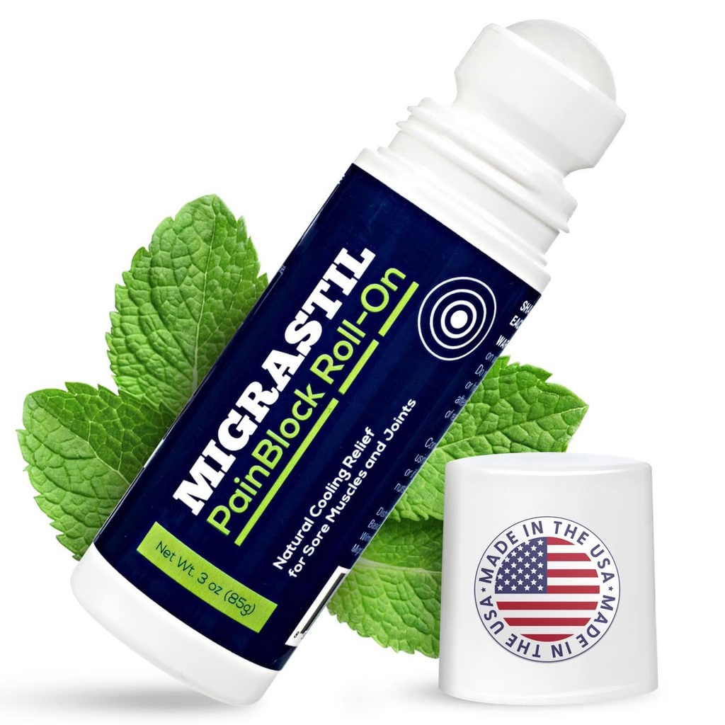 עיבוד בסיסי Migrastil PainBlock Roll-On, 3 oz - נושא רול-על עבור כאבי שרירים, Cramps, Joint & Nerve Discomfort. עובד נהדר על כתפיים, צוואר, רגליים, ברכיים, Legs, Back, Elbows, HIPS, Etc.