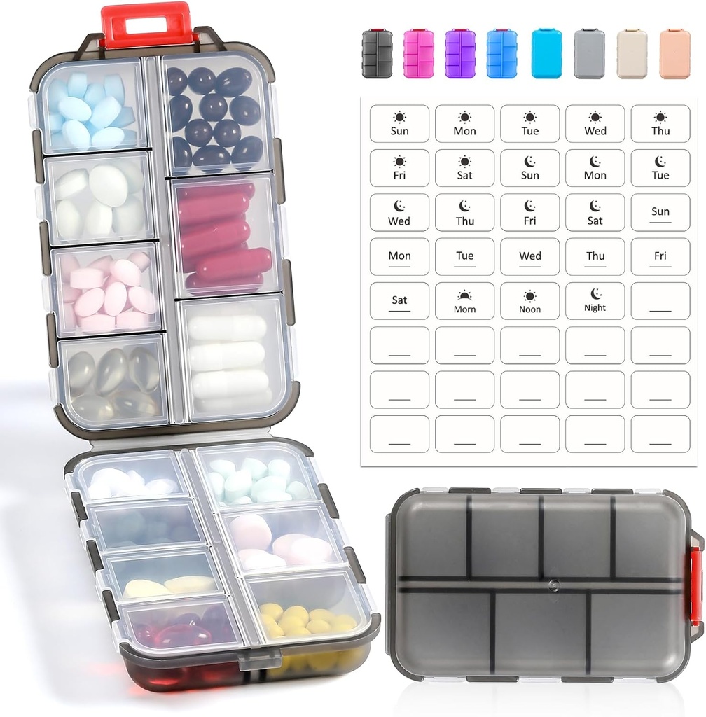14 GRIDS Travel Pill Organer Box with Labels - Travel Medicine Case Kit - Pocket Daily Pharmacyer - Travel Medicine Holder Dispenser for Fish Oil Storage - Clear Gray