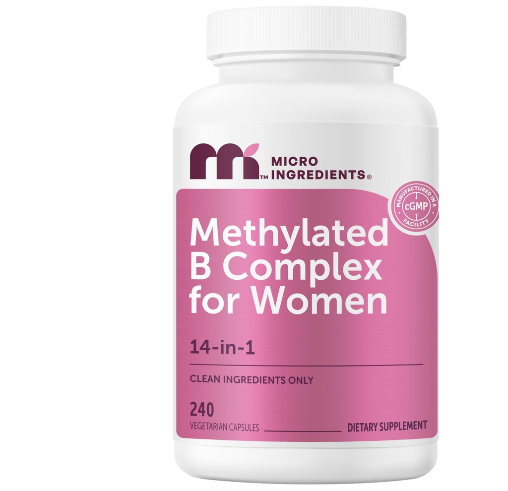 Micro Ingredients Methylated B Complex for Women, 240 קפסולות צמחוניות | הפעלת ויטמין B עם Methylfolate, Methyl B12, DIM & Inositol Complex | 14-in-1 ביואקטיבי B Formula