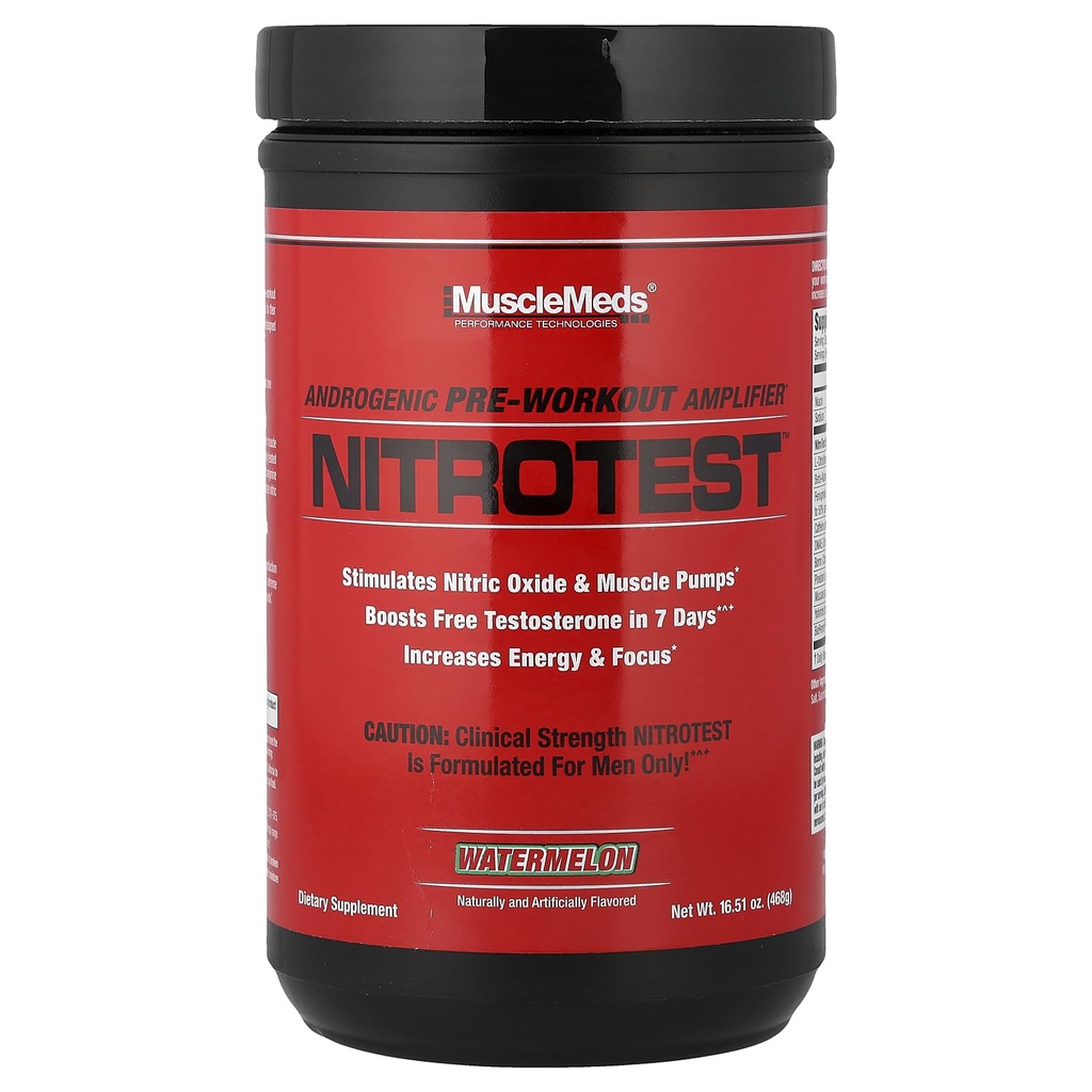 שרירנים Nitrotest Pre-Workout תוספת משקה, Boost Nitric Oxide, טסטוסטרון, Watermelon, 30 משרתים, 1.03 פאונד, 1 Count