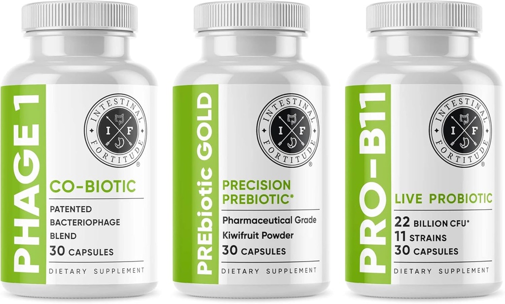 Intestinal for Gut Health תוסף Bundle - פרוביוטיקה זהב, PRO-B11, Phage 1 - w/Gold Kinפרי Pectin, SCFAs, ו-22 מיליארד CFU לתמיכה מיקרוביומה, Gluten, Soy, & חלב חינם קפסולות