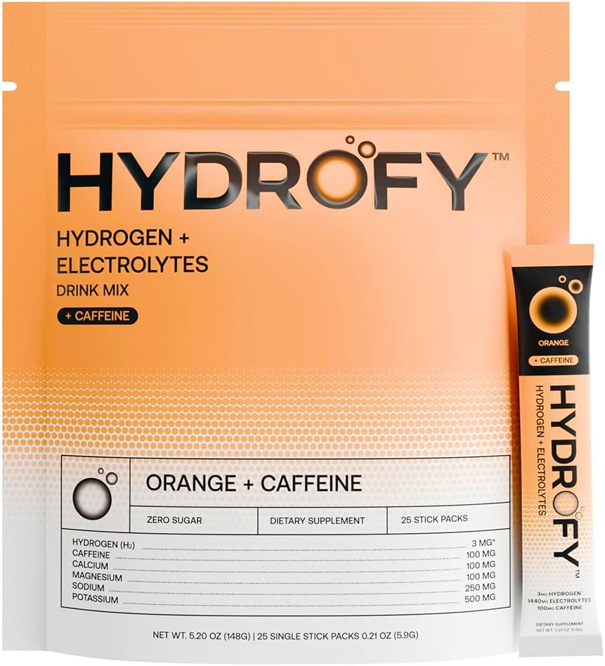 הידרופי הידרוגן מים + אלקטרוליט שותים Mix | H2 hydrotion Packets עם Molecular Hydrogen, Sodium, Potassium, Magnesium, Calcium ומינרלים | No Sugar | Orange + Caffeine 25 ct