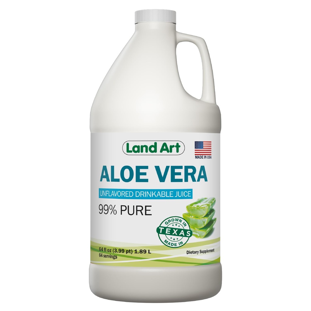 אמנות הקרקע - טהור Aloe Vera Juice Unflavored - Cold-Processed - 99.7% אורגני Aloe Vera Inner Fillet from Fresh Texas Leaves - בריאות מזיקה, Detox ו- Natural Wellness - 64 oz