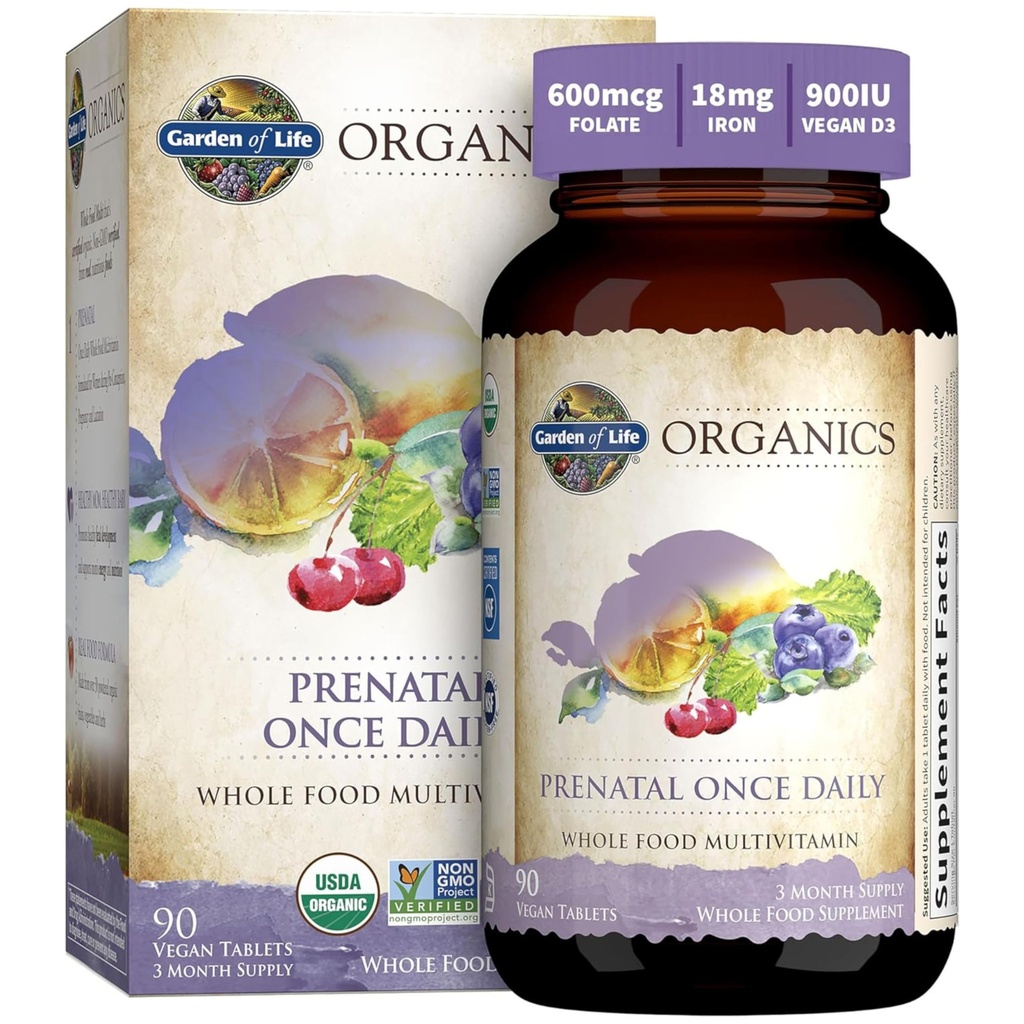 Garden of Life Prenatal Vitamins for Women, Organics Folate for Energy & Healthy Fetal Development, Non-constipating Iron, Vitamin C, B6, B12, D3, Non-GMO, Gluten-Free, Vegan, 90 Day Supply
