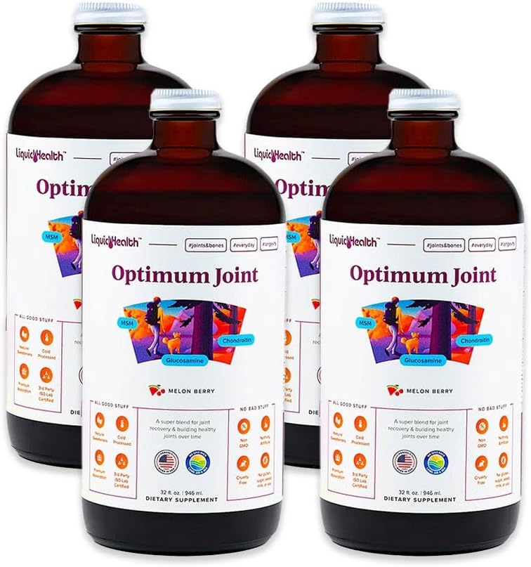 LIQUIDHEALTH Optimum תמיכה משותפת נוזל Multivitamin עם Glucosamine, Chondroitin, MSM, Hyaluronic Acid - להגדיל את הניידות, נוחות משותפת, עבור runners & Athletes - מיוצר בארה"ב, טבעוני (4 Pack)