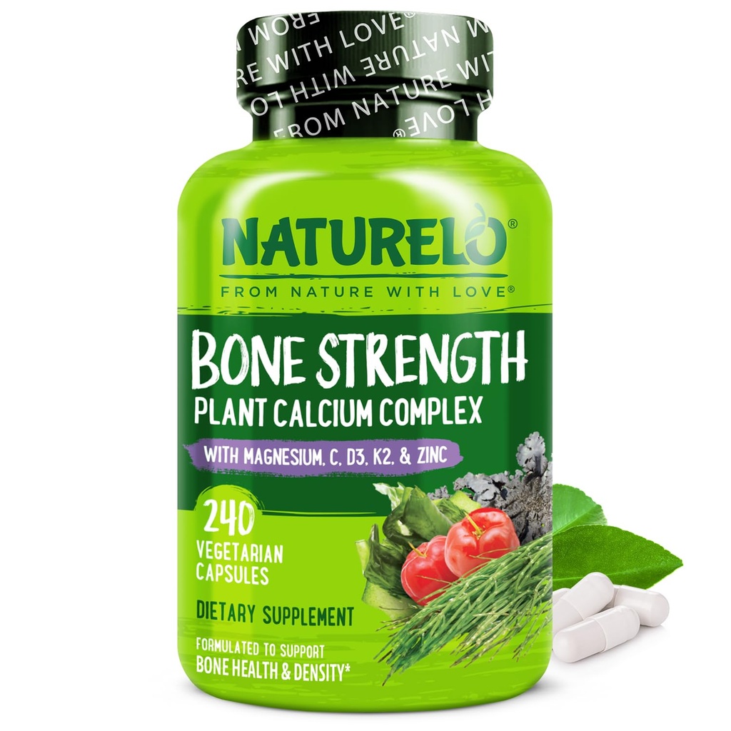 תוסף NATURELO Calcium - עם ויטמין C, ויטמין D3, K2, ו Calcium Magnesium Zinc עבור כוח העצם עם Calcium 600 מ"ג - מבוסס צמחים, 240 קפסולות צמחוניות, non-GMO, Soy & Gluten-Free-Free-Free-Free-Free-Free-Free-Free-Free-Free-Soy