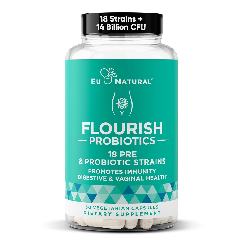 Flourish Probiotics + Prebiotics for Women - Gut and Digestion, Urinary Tract, צמצם את Bloating, Vaginal Health - 18 קלינית Pro Strains, 14 מיליארד CFU - 30 Shelf-Stable מיני קפסולות טבעוניות